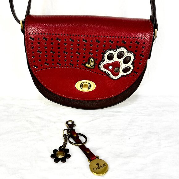 Chala Puppy Paw Print Half Moon Purse Faux Leather Red Brown Crossbody Keychain - Picture 1 of 16